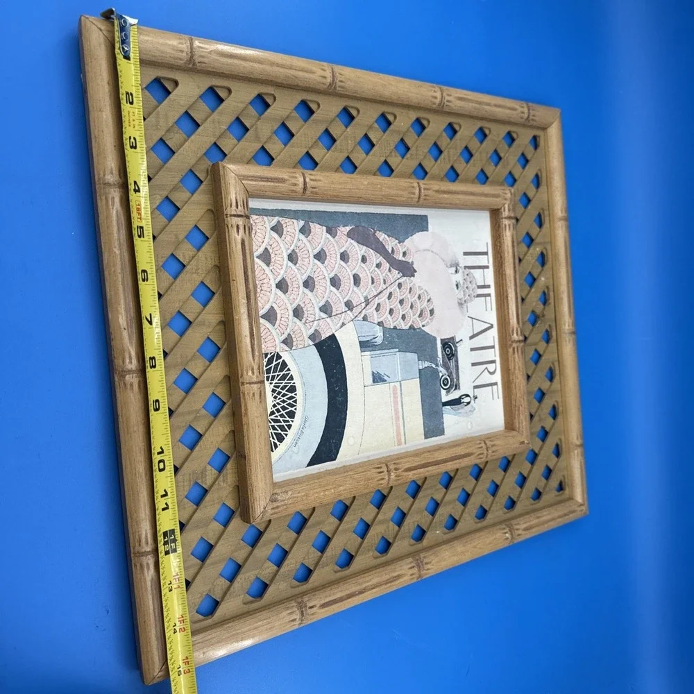 Vintage Bamboo And Rattan Trellis Picture Frame w/ Theatre Print Gloria Eriksen
